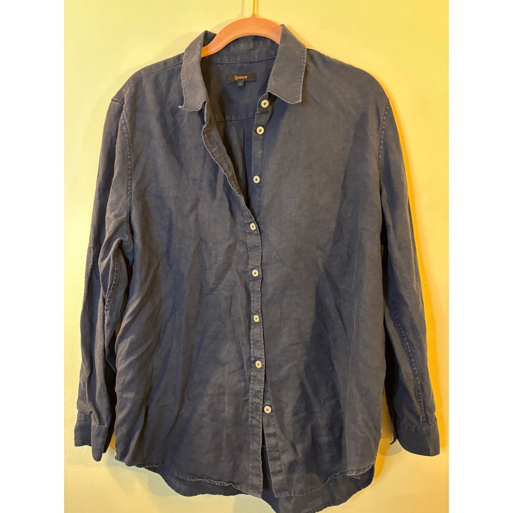 Quince Navy Blue Long Sleeve Button Up Shirt LINEN L European Flax